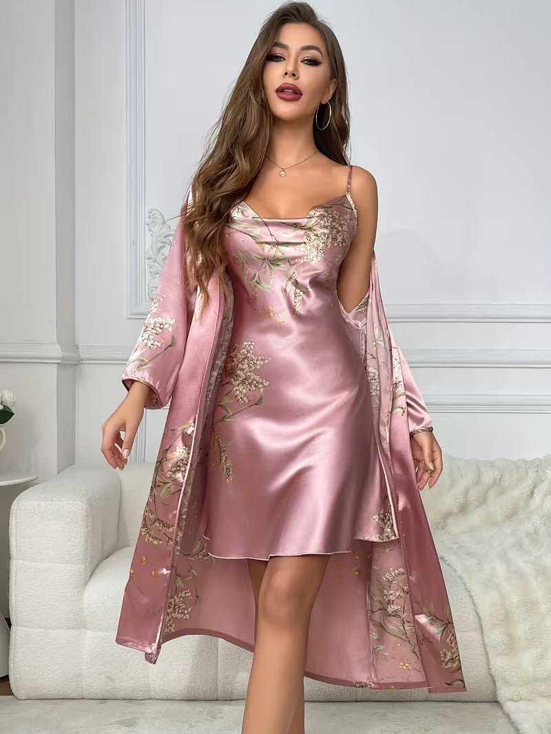 Women'S Small Cherry Print Fashion Sexy Robe And Nightgown 2pcs Set