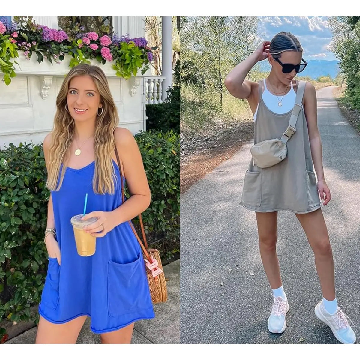Summer Sleeveless  Mini Dress with Built-in Shorts V Neck Spaghetti Straps Athletic Shorts Tennis Dress with Pockets
