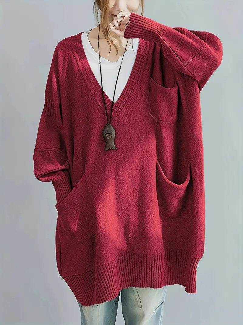 Plus Size, Women's Oversized V-Neck Sweater - Soft Cardigan Sweater with Batwing Sleeves