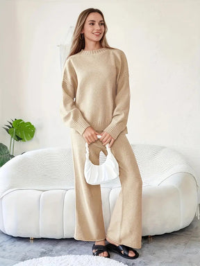 Ladies' Early Autumn New Fashion Sweater Two-piece Set: Round Neck Drop Shoulder Long Sleeve Pullover Top + Straight Wide Leg Pants Combination