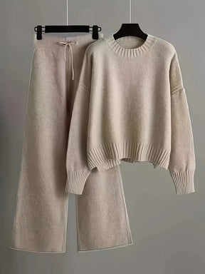 Ladies' Early Autumn New Fashion Sweater Two-piece Set: Round Neck Drop Shoulder Long Sleeve Pullover Top + Straight Wide Leg Pants Combination