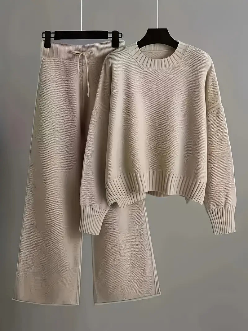 Ladies' Early Autumn New Fashion Sweater Two-piece Set: Round Neck Drop Shoulder Long Sleeve Pullover Top + Straight Wide Leg Pants Combination