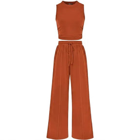 🔥Women Sleeveless Cropped Top Elastic Waist Wide Leg Pants 2 Piece Set