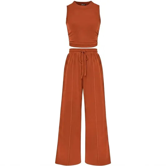 🔥Women Sleeveless Cropped Top Elastic Waist Wide Leg Pants 2 Piece Set