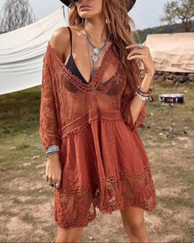 Boho Lace Beach Cover-Up Dress – V-Neck Sheer Swim Cover(Buy 2 Free Shipping)