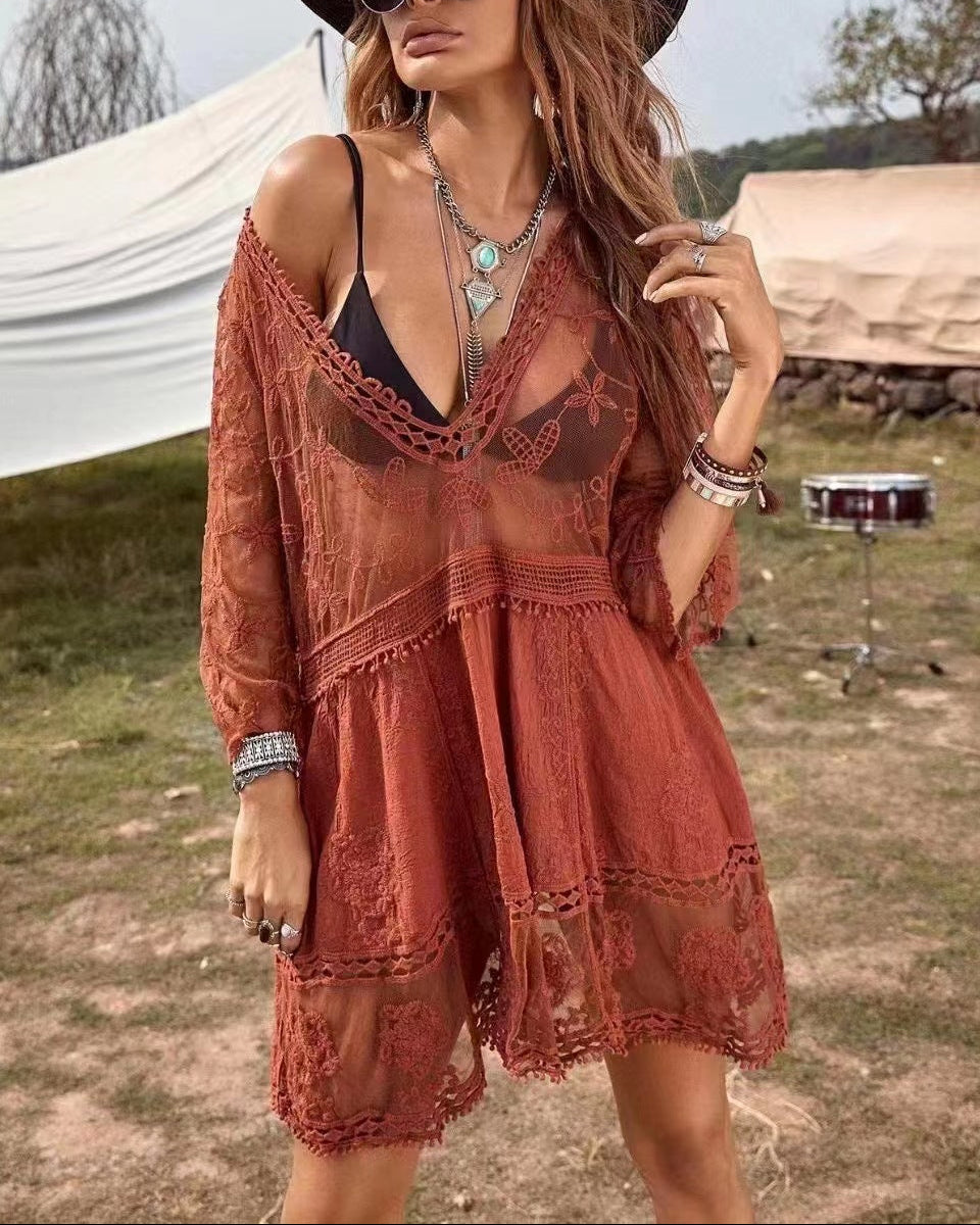 Boho Lace Beach Cover-Up Dress – V-Neck Sheer Swim Cover(Buy 2 Free Shipping)