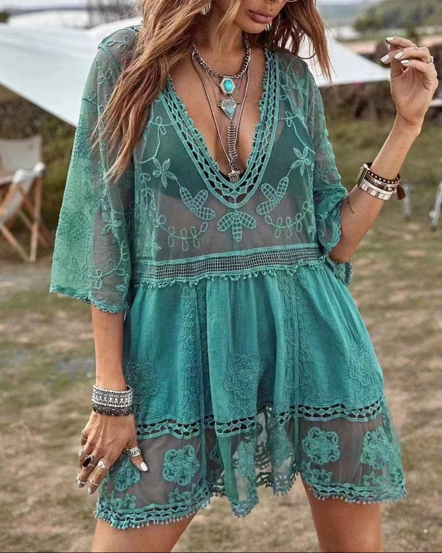 Boho Lace Beach Cover-Up Dress – V-Neck Sheer Swim Cover(Buy 2 Free Shipping)
