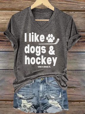 V Neck I Like Dogs And Hockey T-shirt