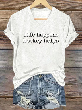 V Neck Life Happens Hockey Helps T-shirt