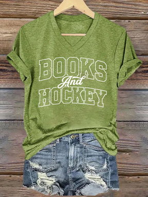 V Neck Books And Hockey T-shirt
