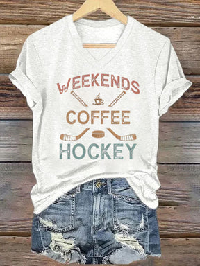 V Neck Weekends Coffee Hockey,Game Day T-shirt