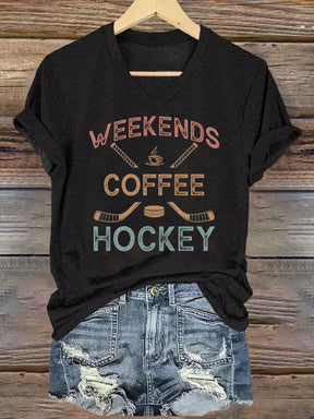 V Neck Weekends Coffee Hockey,Game Day T-shirt