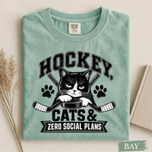 Comfort Colors Hockey, Cats & Zero Social Plans. Funny Cat Hockey T-Shirt