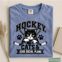 Comfort Colors Hockey, Cats & Zero Social Plans. Funny Cat Hockey T-Shirt