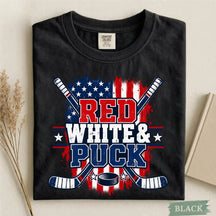 Comfort Colors Red White & Puck – Patriotic Hockey T-Shirt