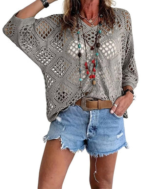 🌷🌷Limited time sale🔥Womens Bohemian-Inspired Beige Crochet Top with V-Neck