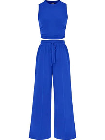🔥Women Sleeveless Cropped Top Elastic Waist Wide Leg Pants 2 Piece Set