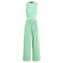 🔥Women Sleeveless Cropped Top Elastic Waist Wide Leg Pants 2 Piece Set