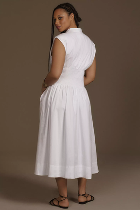 Cap-Sleeve Smocked Front-Zip Shirt Dress(BUY 2 FREE SHIPPING)