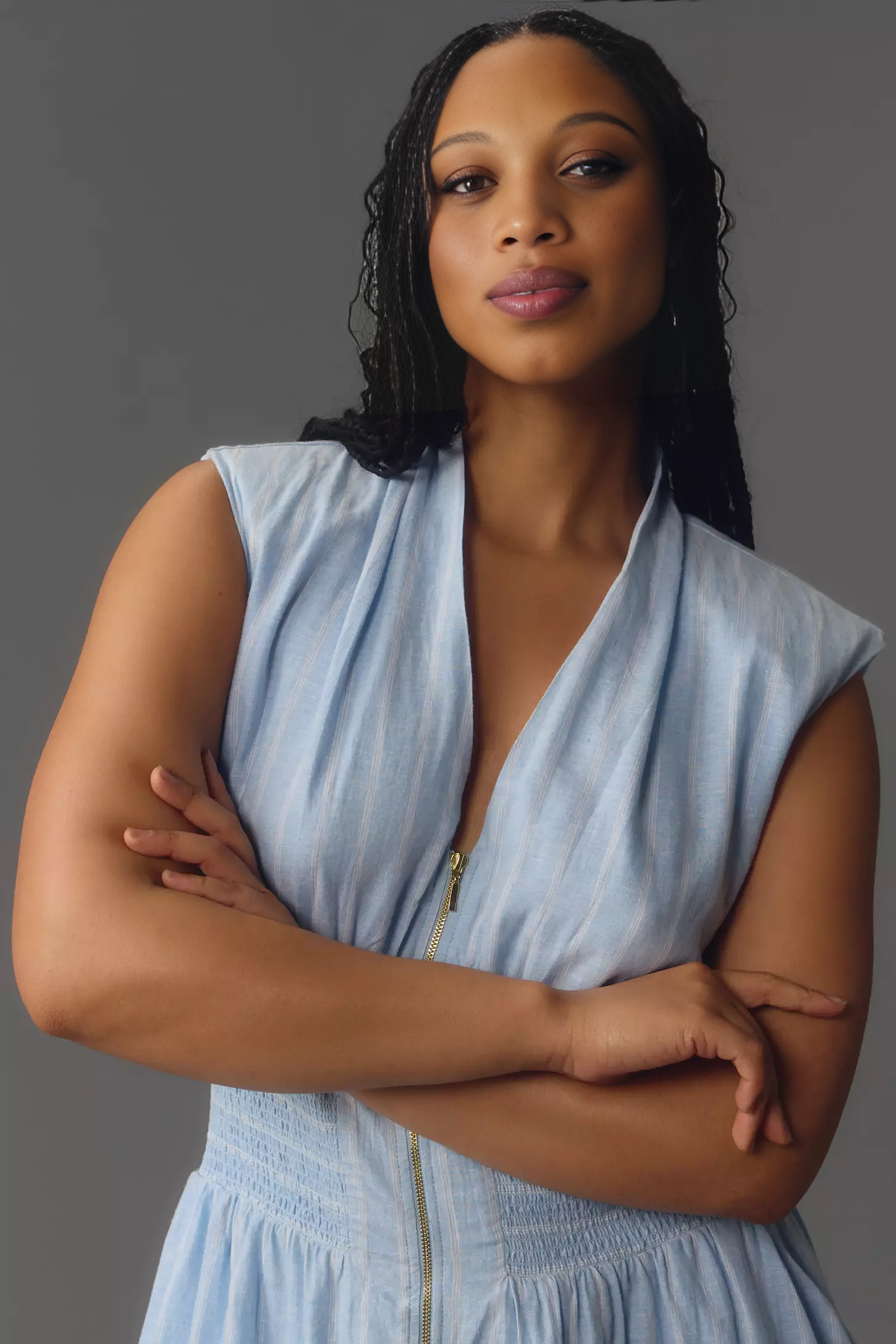 Cap-Sleeve Smocked Front-Zip Shirt Dress(BUY 2 FREE SHIPPING)