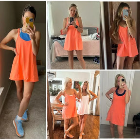 Summer Sleeveless  Mini Dress with Built-in Shorts V Neck Spaghetti Straps Athletic Shorts Tennis Dress with Pockets