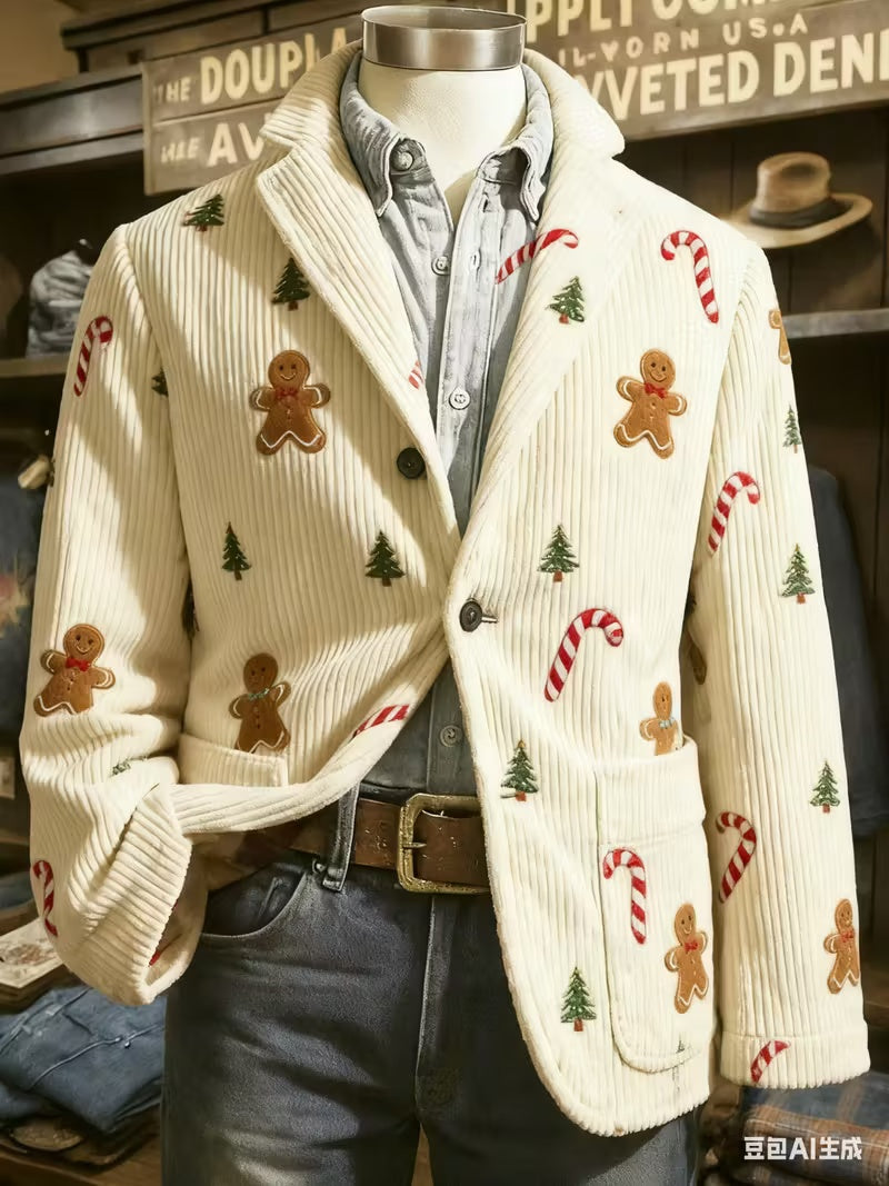 Men'S Retro Christmas Corduroy Blazer Jacket with Santa Print