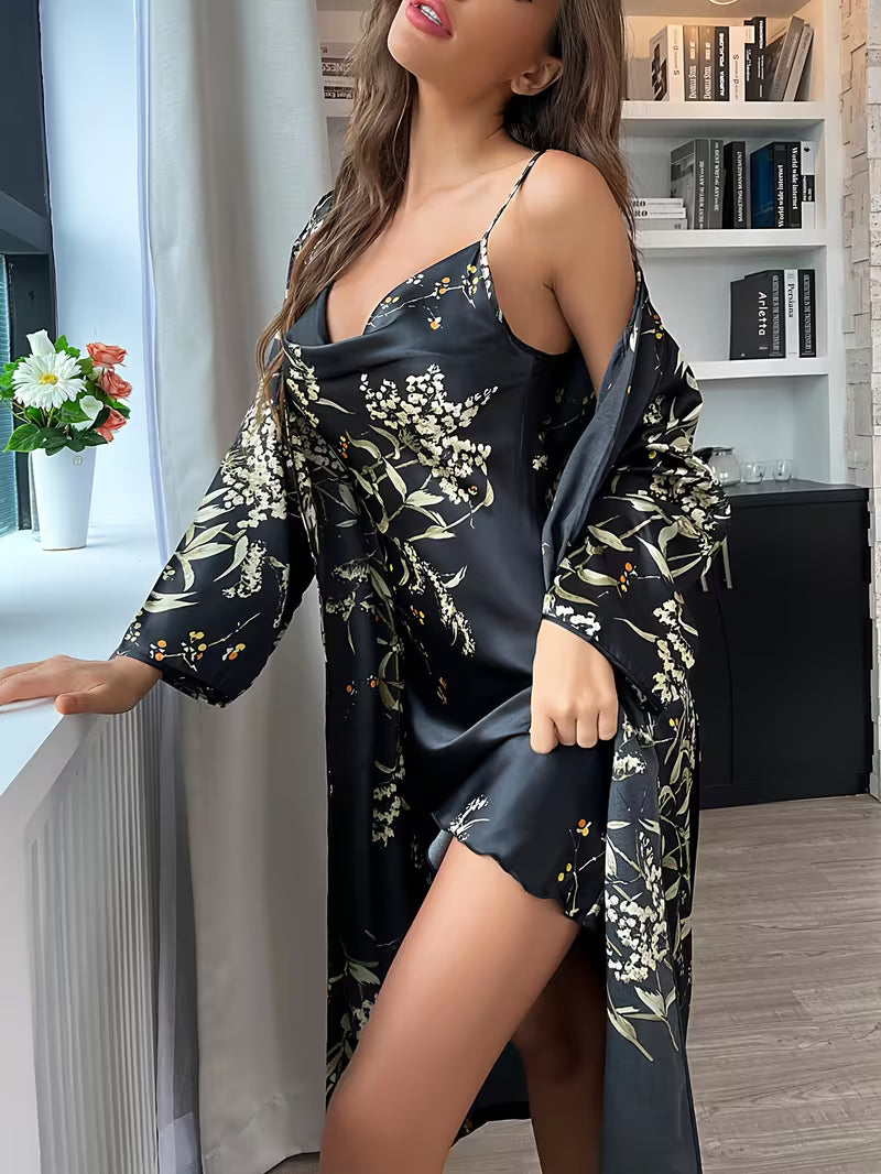 Women'S Small Cherry Print Fashion Sexy Robe And Nightgown 2pcs Set