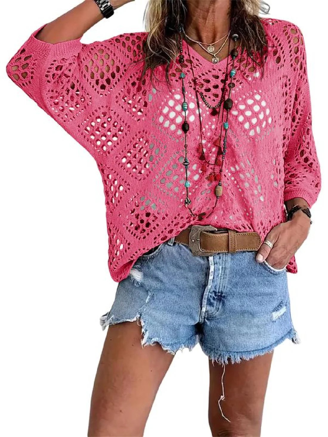 🌷🌷Limited time sale🔥Womens Bohemian-Inspired Beige Crochet Top with V-Neck