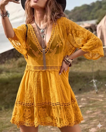 Boho Lace Beach Cover-Up Dress – V-Neck Sheer Swim Cover(Buy 2 Free Shipping)