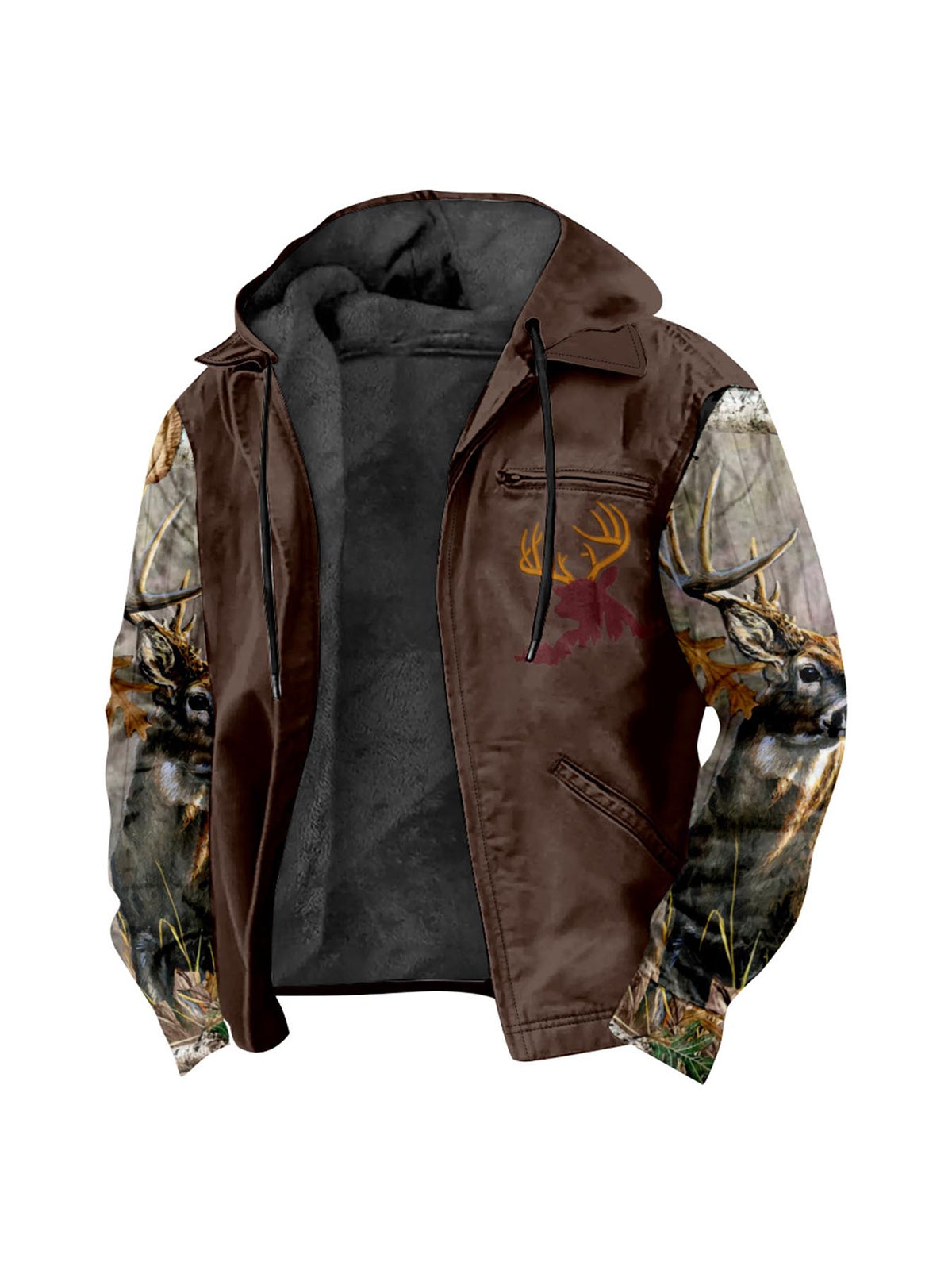 Men'S Winter Zipper Hooded Jackets - Deer Head Pattern Hoodies With Zipper Opening, Pocket, Retro Style Hooded Sweatshirts,