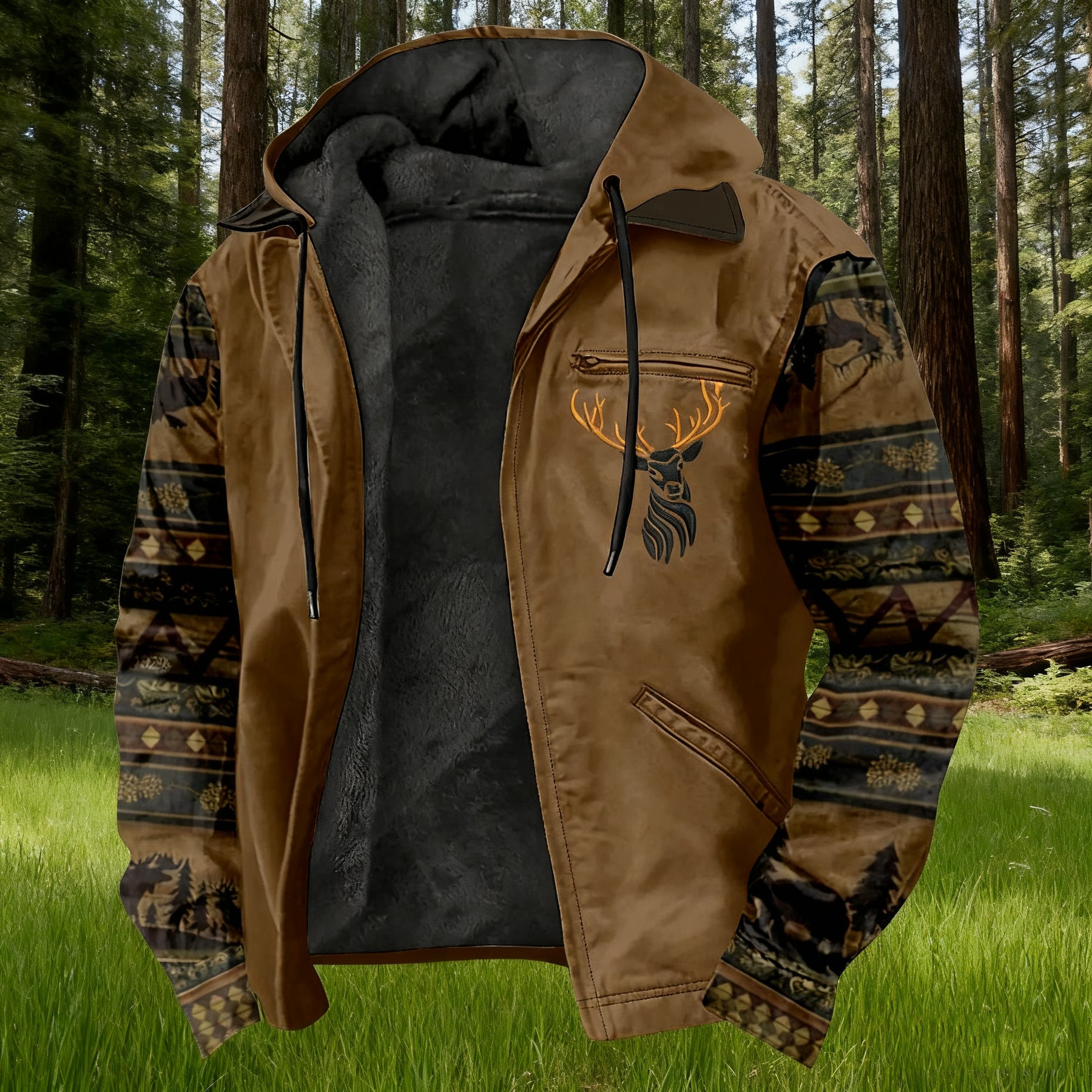 Men'S Winter Zipper Hooded Jackets - Deer Head Pattern Hoodies With Zipper Opening, Pocket, Retro Style Hooded Sweatshirts,