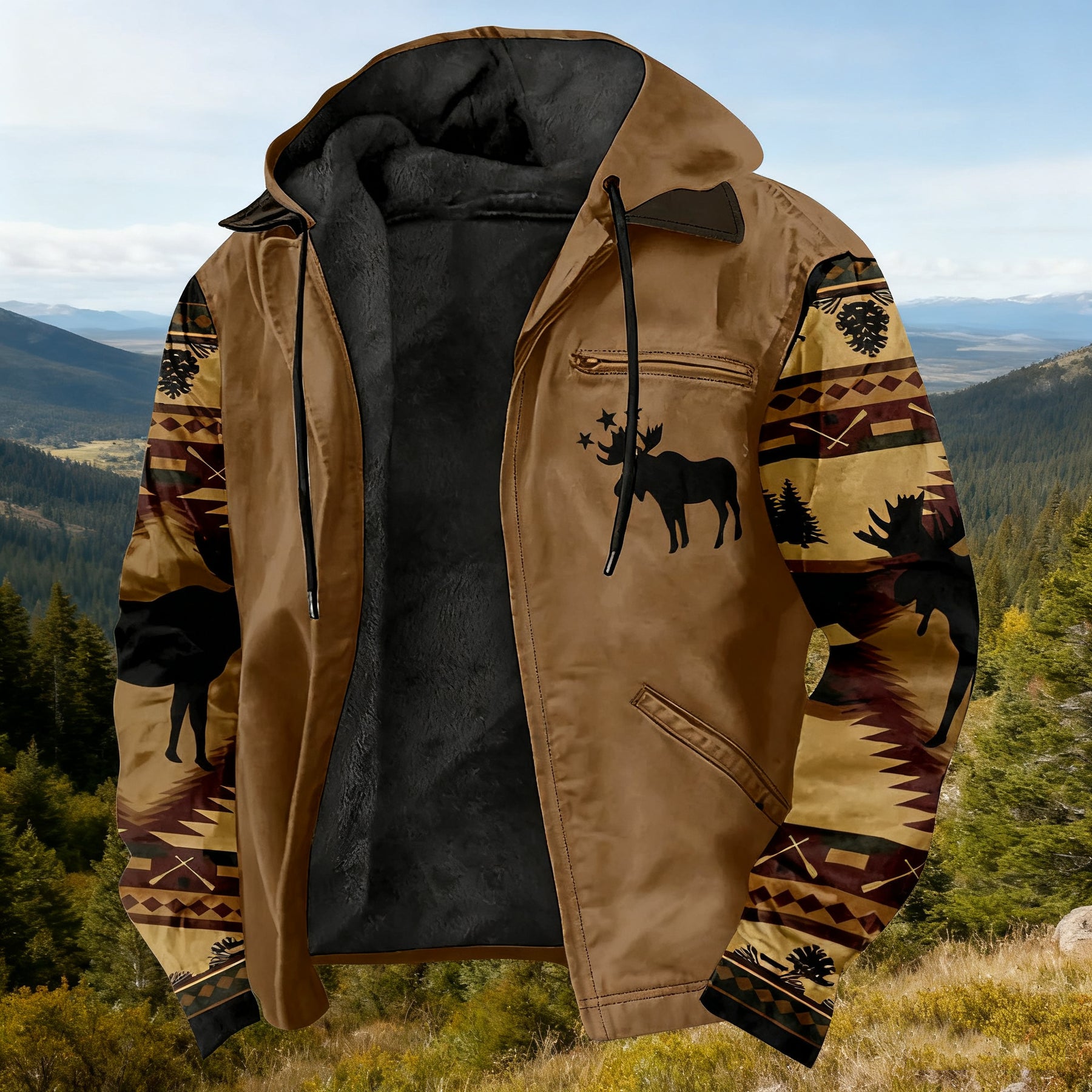 Men'S Winter Zipper Hooded Jackets - Deer Head Pattern Hoodies With Zipper Opening, Pocket, Retro Style Hooded Sweatshirts,