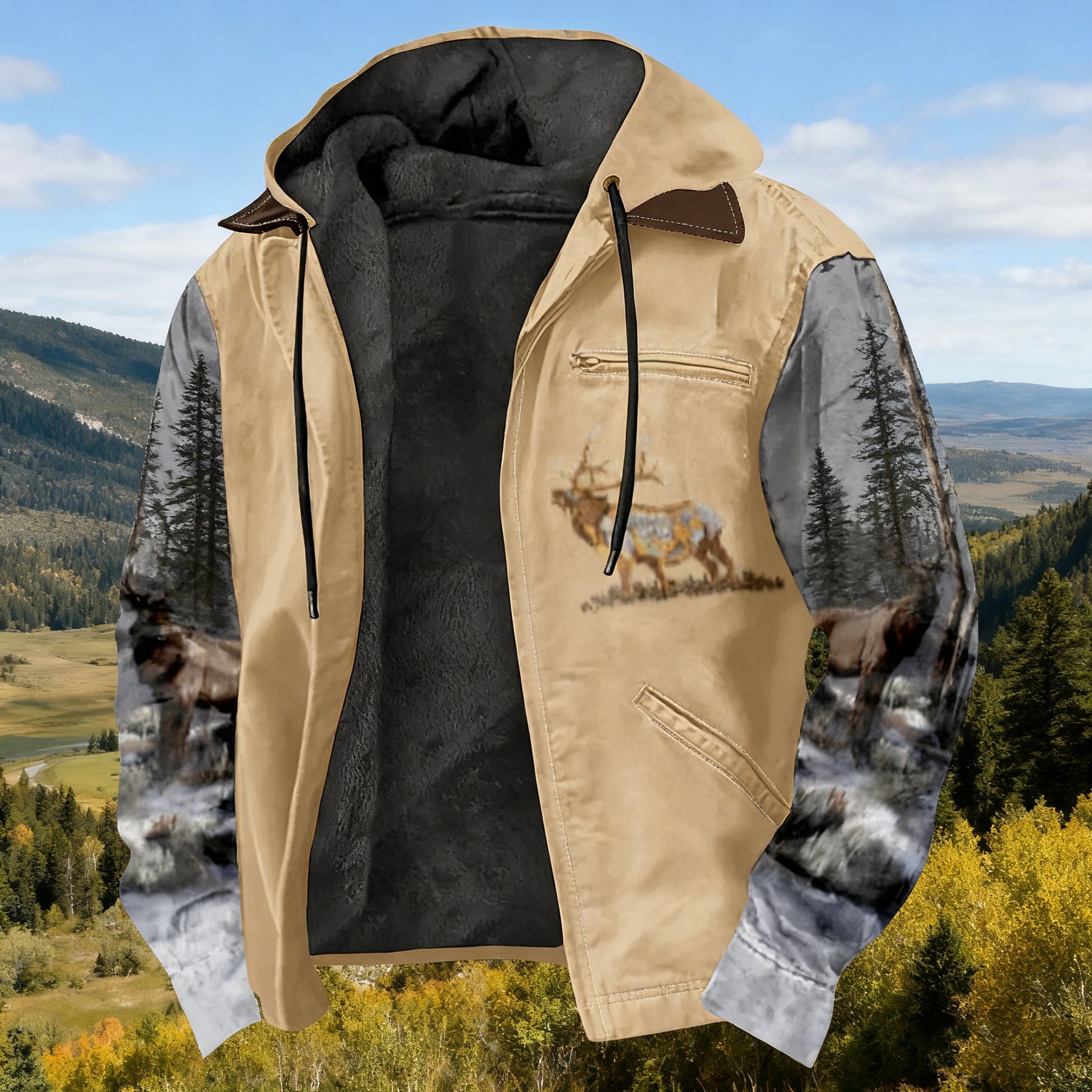 Men'S Winter Zipper Hooded Jackets - Deer Head Pattern Hoodies With Zipper Opening, Pocket, Retro Style Hooded Sweatshirts,