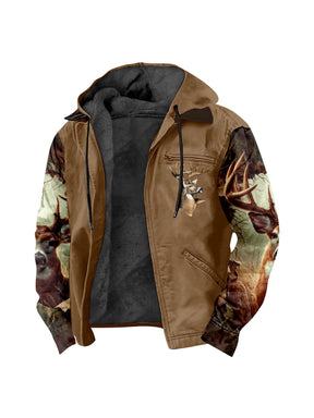 Men'S Winter Zipper Hooded Jackets - Deer Head Pattern Hoodies With Zipper Opening, Pocket, Retro Style Hooded Sweatshirts,