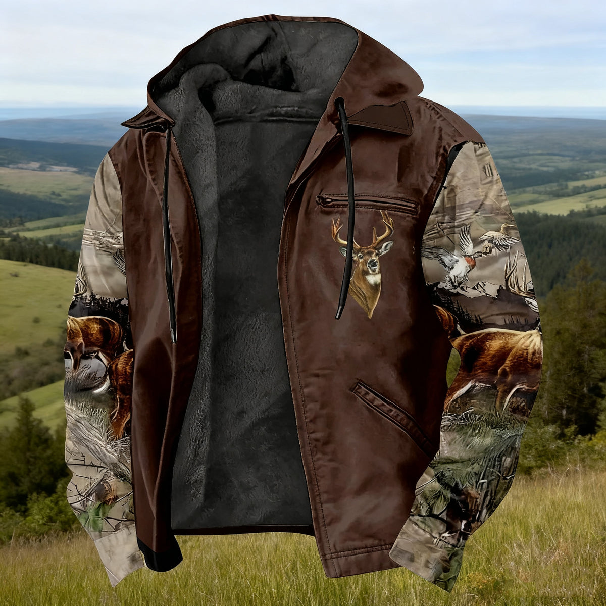 Men'S Winter Zipper Hooded Jackets - Deer Head Pattern Hoodies With Zipper Opening, Pocket, Retro Style Hooded Sweatshirts,