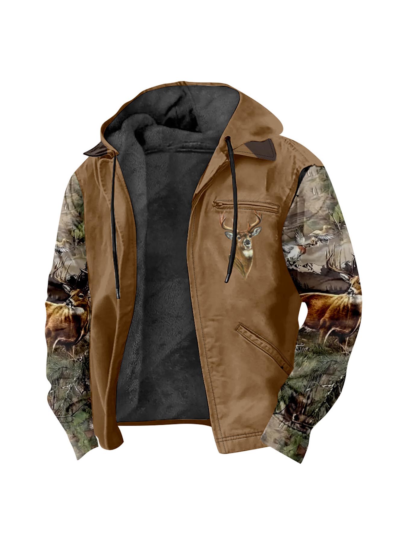 Men'S Winter Zipper Hooded Jackets - Deer Head Pattern Hoodies With Zipper Opening, Pocket, Retro Style Hooded Sweatshirts,