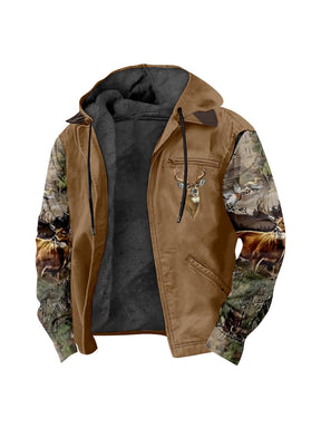 Men'S Winter Zipper Hooded Jackets - Deer Head Pattern Hoodies With Zipper Opening, Pocket, Retro Style Hooded Sweatshirts,