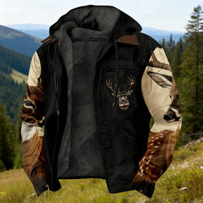 Men'S Winter Zipper Hooded Jackets - Deer Head Pattern Hoodies With Zipper Opening, Pocket, Retro Style Hooded Sweatshirts,