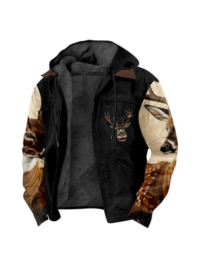 Men'S Winter Zipper Hooded Jackets - Deer Head Pattern Hoodies With Zipper Opening, Pocket, Retro Style Hooded Sweatshirts,