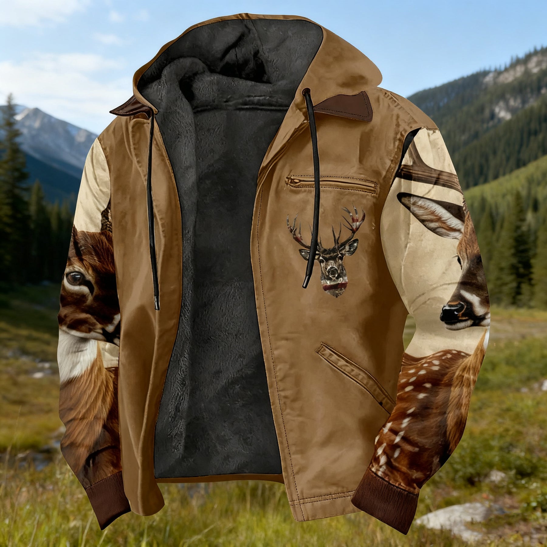 Men'S Winter Zipper Hooded Jackets - Deer Head Pattern Hoodies With Zipper Opening, Pocket, Retro Style Hooded Sweatshirts,