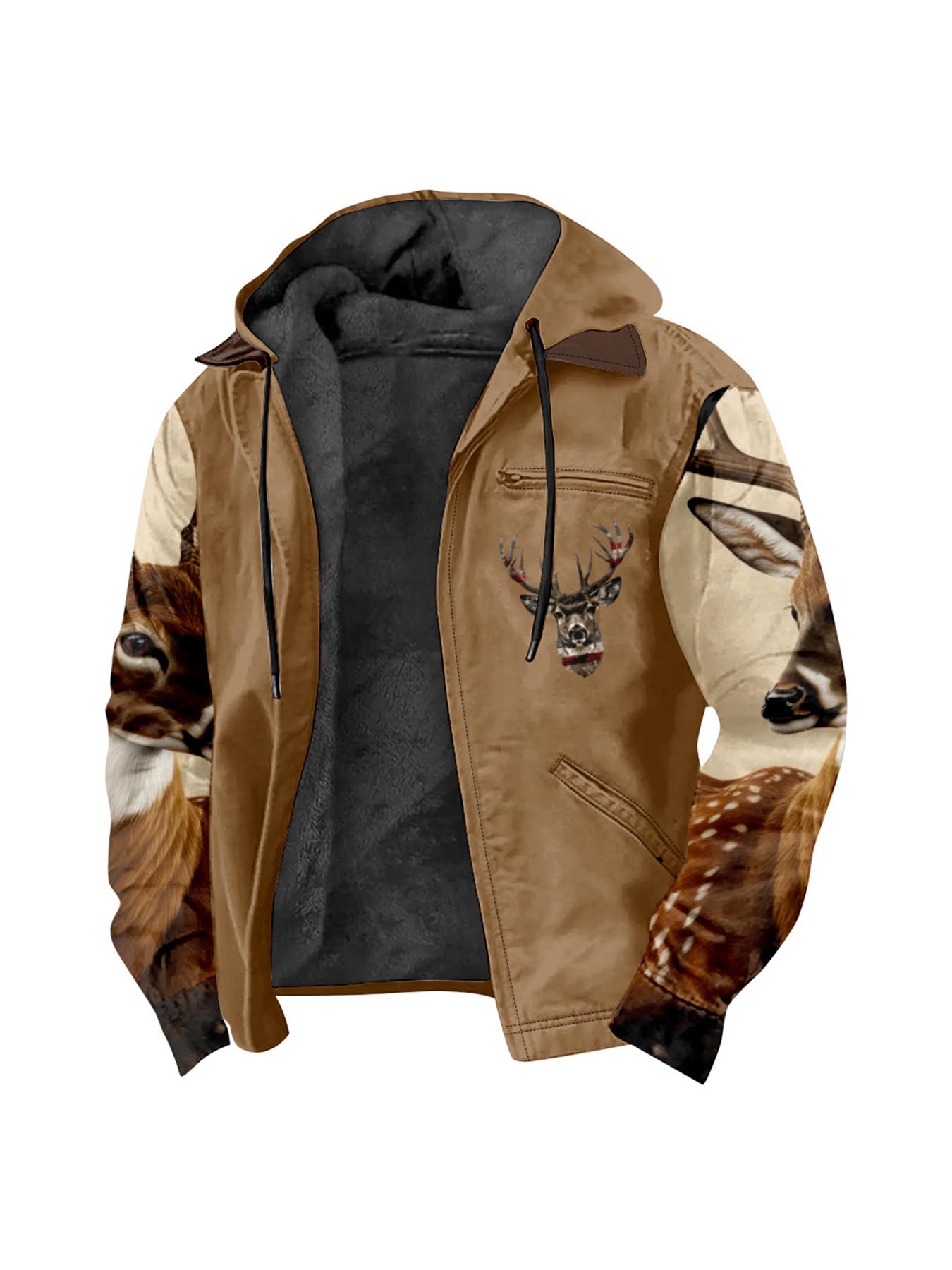 Men'S Winter Zipper Hooded Jackets - Deer Head Pattern Hoodies With Zipper Opening, Pocket, Retro Style Hooded Sweatshirts,