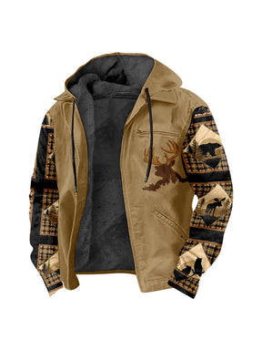 Men'S Winter Zipper Hooded Jackets - Deer Head Pattern Hoodies With Zipper Opening, Pocket, Retro Style Hooded Sweatshirts,