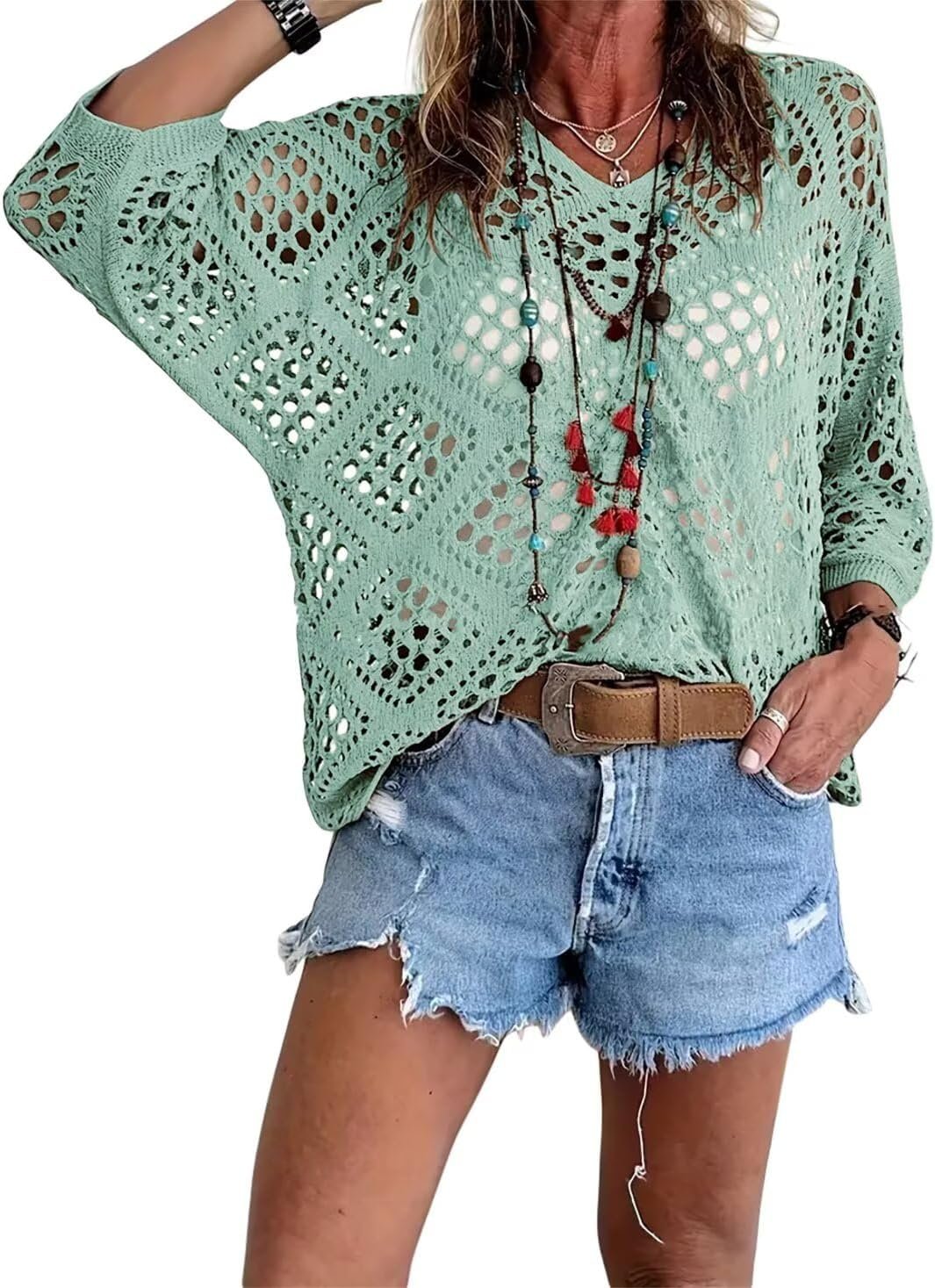 🌷🌷Limited time sale🔥Womens Bohemian-Inspired Beige Crochet Top with V-Neck