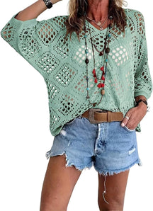 🌷🌷Limited time sale🔥Womens Bohemian-Inspired Beige Crochet Top with V-Neck