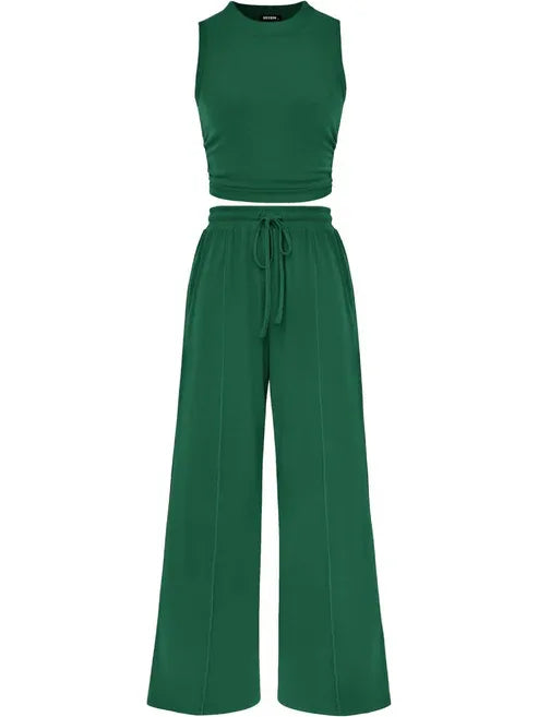 🔥Women Sleeveless Cropped Top Elastic Waist Wide Leg Pants 2 Piece Set