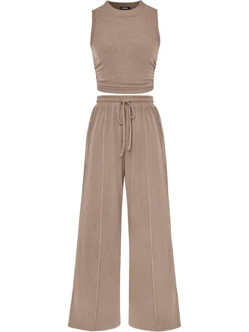 🔥Women Sleeveless Cropped Top Elastic Waist Wide Leg Pants 2 Piece Set
