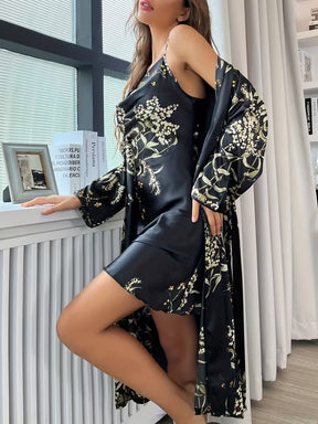 Women'S Small Cherry Print Fashion Sexy Robe And Nightgown 2pcs Set