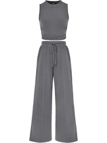 🔥Women Sleeveless Cropped Top Elastic Waist Wide Leg Pants 2 Piece Set