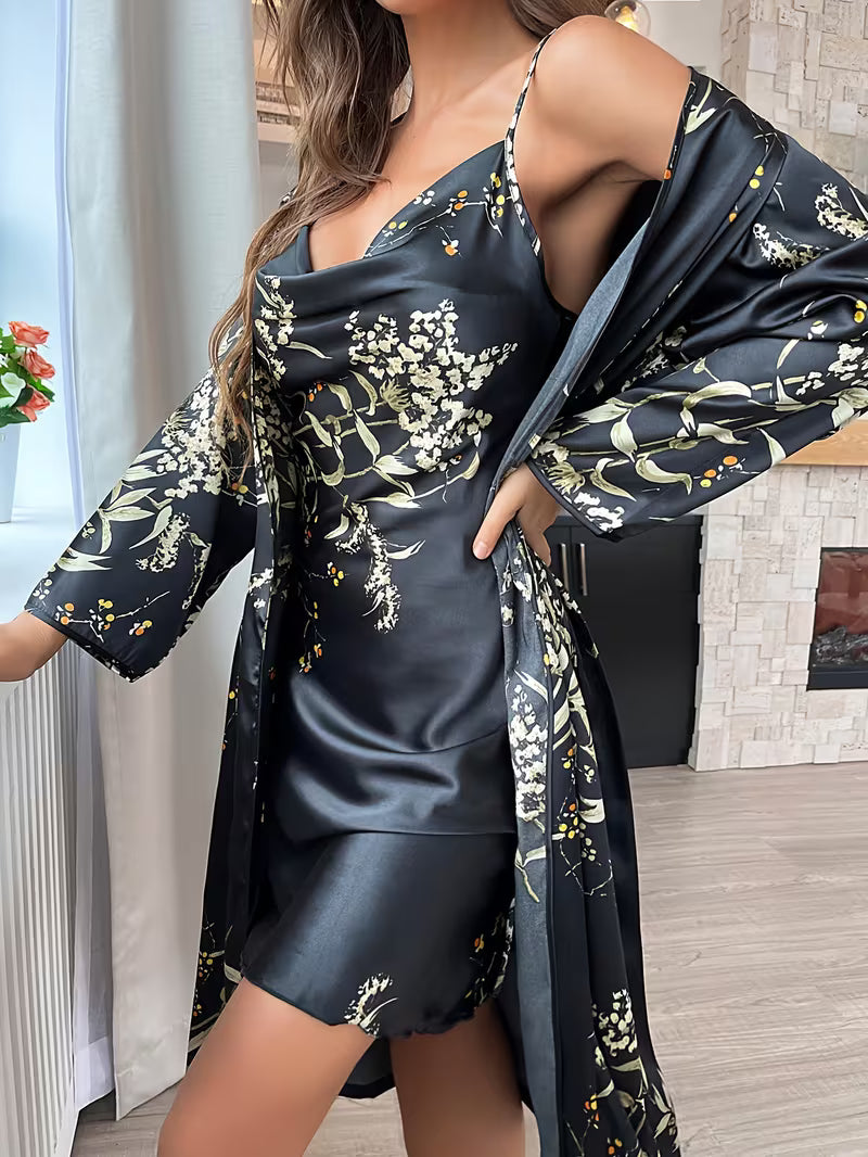 Women'S Small Cherry Print Fashion Sexy Robe And Nightgown 2pcs Set