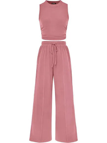🔥Women Sleeveless Cropped Top Elastic Waist Wide Leg Pants 2 Piece Set